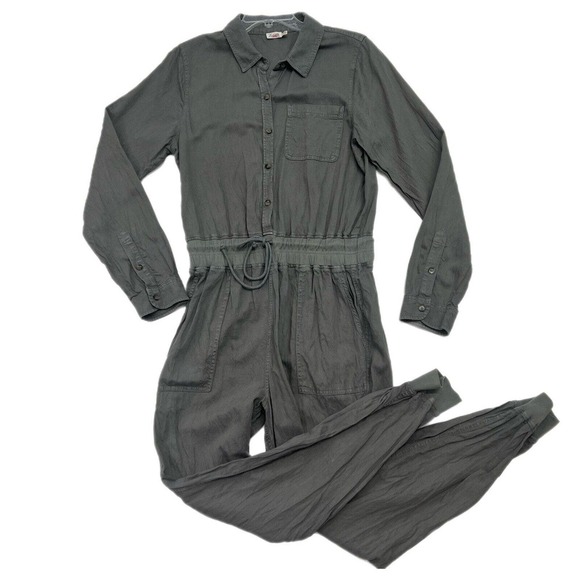 FAHERTY Arlie Jumpsuit Women Medium Green Linen Blend Long Sleeve Stretch - Picture 3 of 16